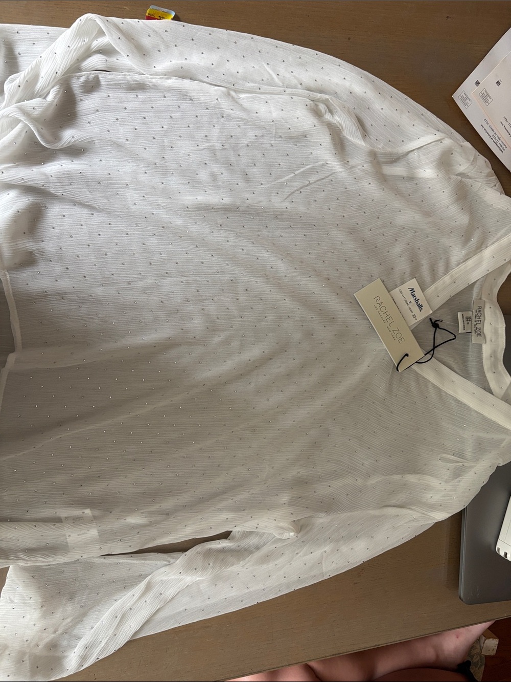Rachel Zoe White Sheer Dot V-Neck Blouse